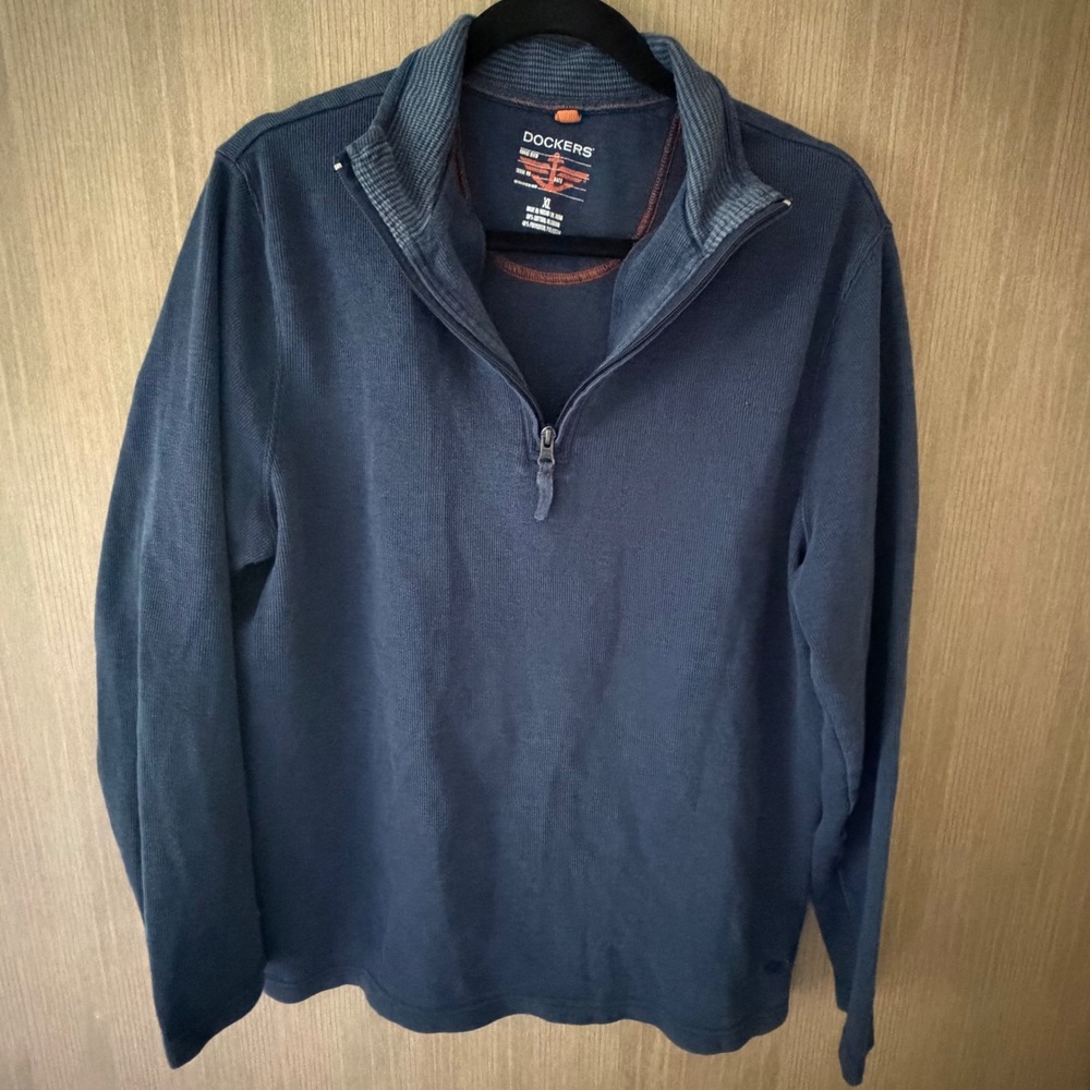 Dockers Quarter Zip Pullover Mens XL Blue Cotton Blend Ribbed Knit Sweater GOOD